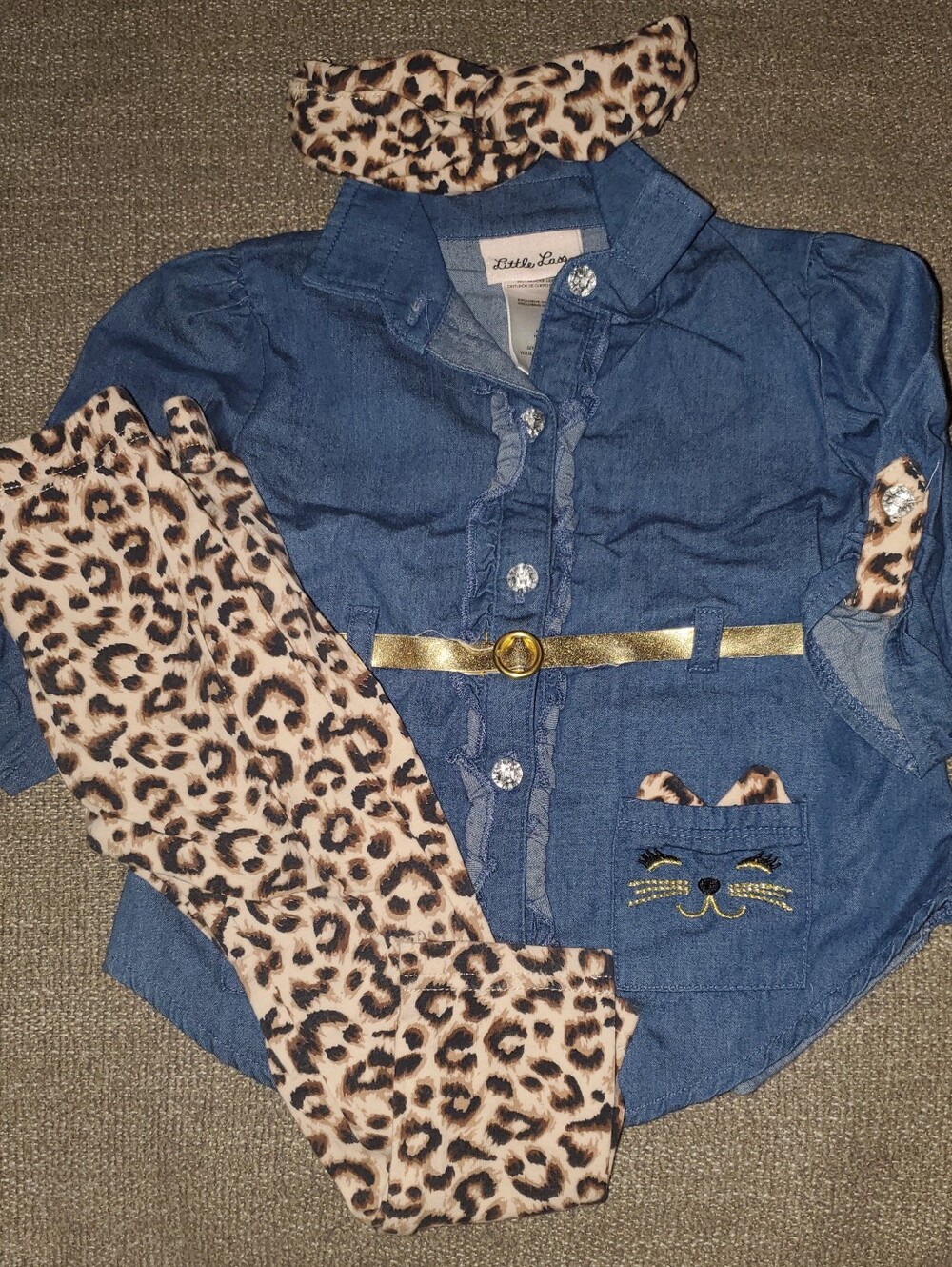 24 Month Little Lass Blue Denim-Style Jacket with Gold Belt & Leopard Accents